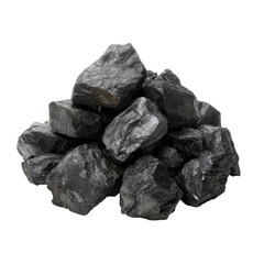 A close-up shot of a pile of dark, rough-textured coal lumps, showcasing their irregular shapes and matte black surface against a plain black background