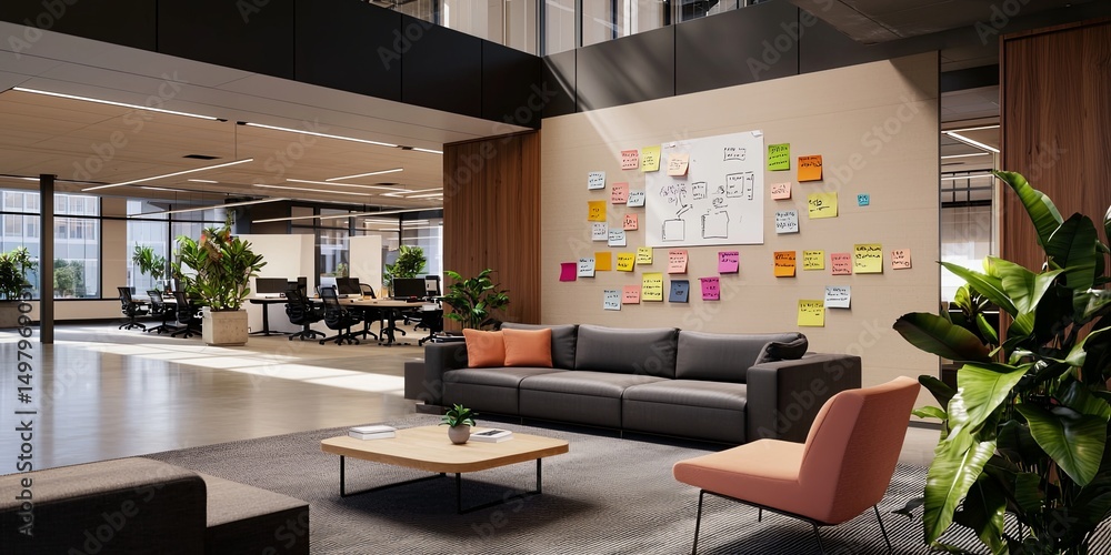 Poster creative collaboration in a modern office space showcasing entrepreneurship with post-it notes and s