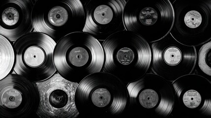 A collection of vintage vinyl records is arranged beautifully, showcasing various labels and artists. The use of black and white highlights the classic appeal and nostalgia of music history