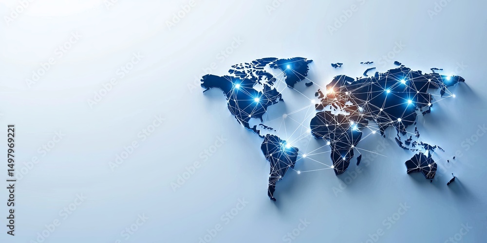 Poster A high-tech shield overlaying a world map of interconnected nodes, illustrating global cyber protection and data encryption, clean and simple neutral background