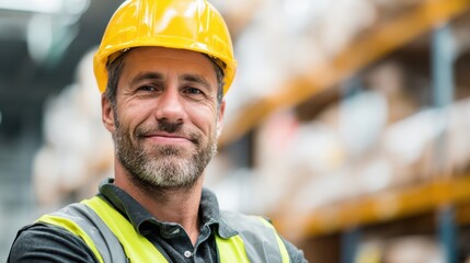 A man is smiling while standing in a warehouse. He is wearing a yellow hard hat and a safety vest, showcasing a confident demeanor. Shelves with products are visible in the background