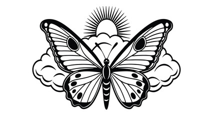 Butterfly Silhouette with Sun and Clouds