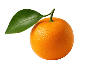 Fresh Orange with a Leaf: A vibrant close-up of a ripe, juicy orange, accompanied by a single, fresh green leaf and a stem, exuding natural freshness and inviting sweetness.