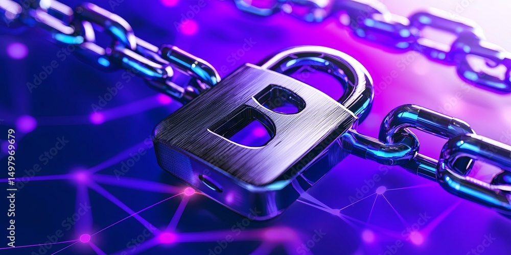 Poster Blockchain technology and smart contracts in financial services with a digital padlock symbolizing data integrity on a neutral background
