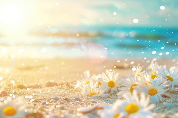 A bunch of lively daisies lay in the soft sand by the ocean