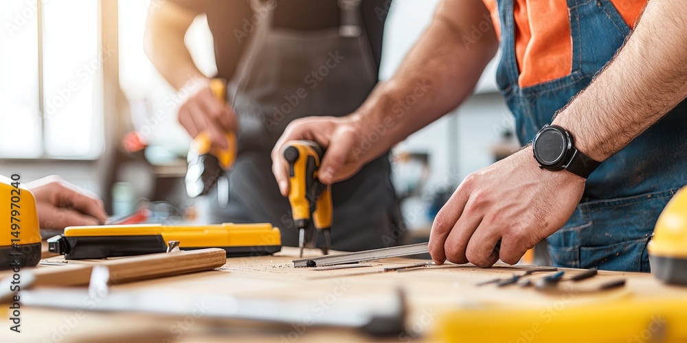 Aufkleber Hands-on training workshop, engaged team practicing skills with tools and equipment, simple neutral setting, emphasis on teamwork and individual growth, editorial image