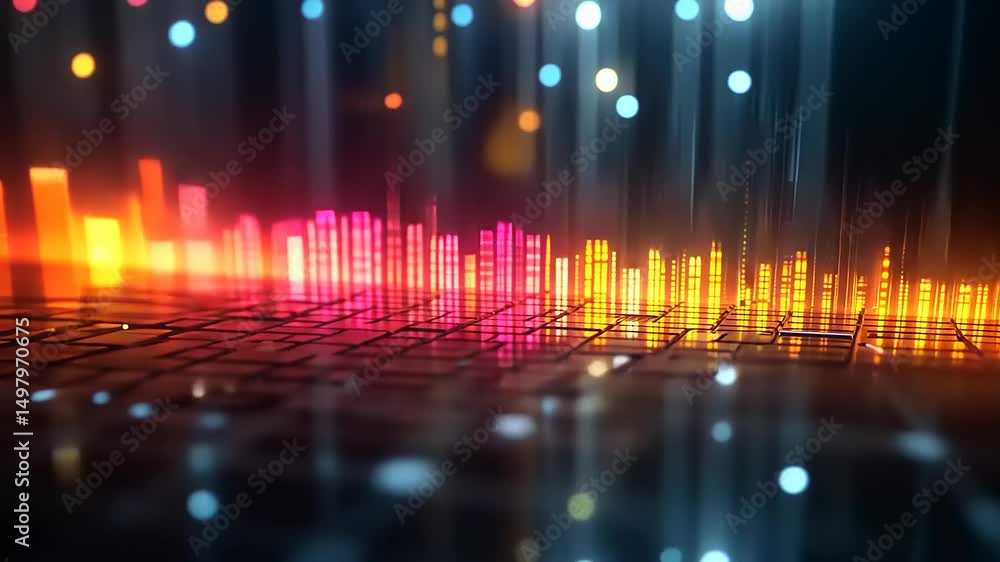 Poster abstract colorful bars glowing background with reflective surface and bokeh lights