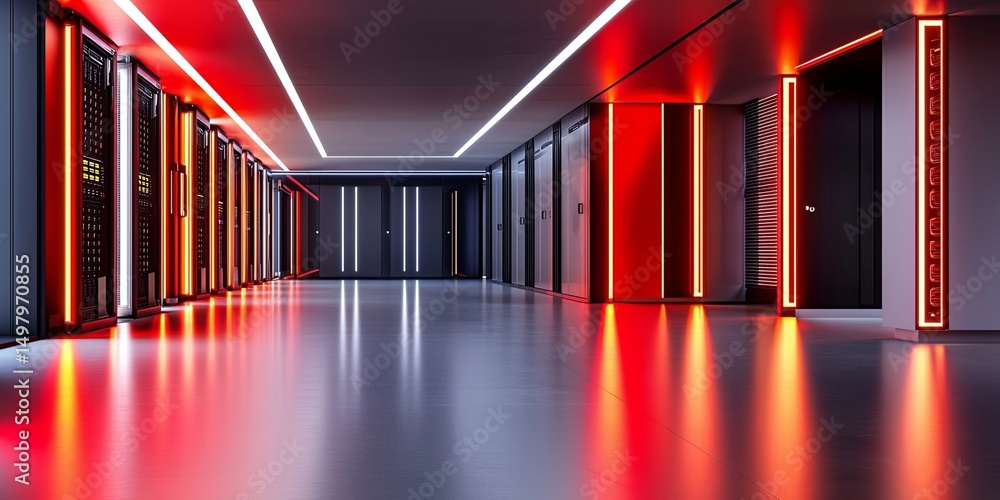 Aufkleber a secure server room with illuminated data encryption systems and network safety elements, emphasizing reliable data protection, with minimalistic surroundings