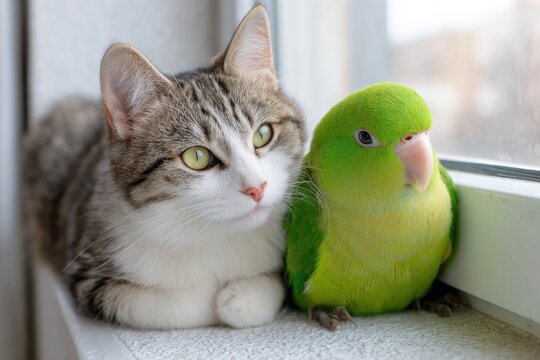 Domestic cat with gray and white fur sits beside a vibrant green parakeet on a windowsill, showcasing a peaceful coexistence between different pet species in a cozy home environment