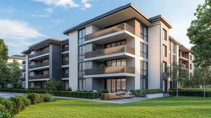 Modern Residential Apartment Building with Balconies and Green Lawn in Daylight