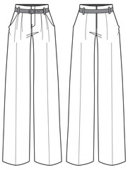 Women's belted mannish pants  trouser flat sketch fashion illustration front and back view, wide leg flare pant design