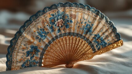 Traditional hand-painted Spanish fan showcasing intricate floral designs in warm light
