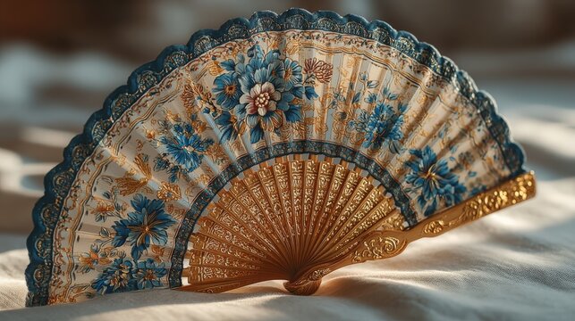 Traditional hand-painted Spanish fan showcasing intricate floral designs in warm light