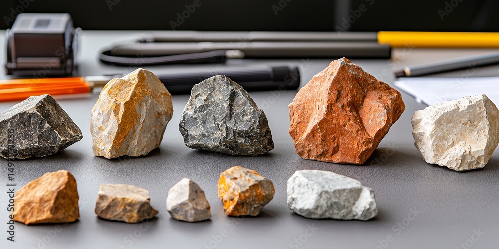 Leinwandbilder Geological study of sedimentary rocks displayed on a table, with field notes and equipment, emphasizing the texture and color variations of the rocks, clean neutral backg
