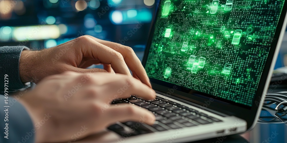 Fototapete A close-up of hands typing on a laptop with visible encrypted data on the screen, surrounded by cryptographic keys, illustrating the importance of secure access to privat
