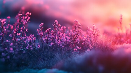 Naklejka premium Dreamy flower field landscape with pink and purple lighting, soft focus.