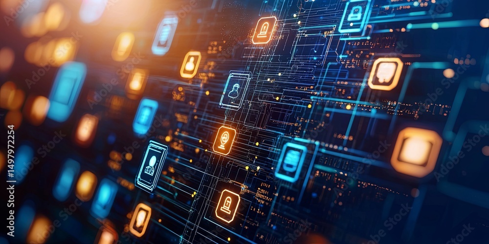 Fototapete Dynamic illustration of a blockchain network functioning as a public ledger for identity verification, highlighting anti-fraud measures and user credentials in a sleek, e