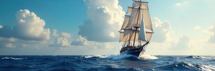 A majestic sailing ship cuts through the ocean waves, its sails billowing in the wind, a dramatic display of nautical power and grace under a vast sky ,  sky,  barque,  rigging