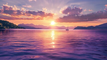 Obraz premium Serene sunset over a tranquil lake with a sailboat