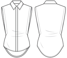 Women's Sleeveless Shirt Blouse flat sketch fashion illustration drawing front and back view, Curved hem casual sleeveless blouse top cad for girls and ladies template mock up