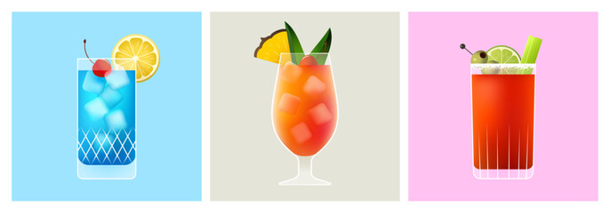 Set of cocktails. Posters of summer drinks in different glasses. Blue lagoon, mai tai, bloody mary. Decorated cocktails for bar menu, beach party drinks with fruit. Isolated vector illustration