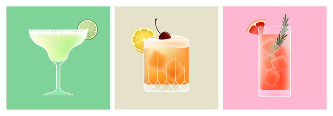 Cocktails set. Collection of posters of summer drinks with fruit in different glasses. Margarita, whiskey sour, paloma. Decorated classic cocktails for bar menu design. Isolated vector illustration