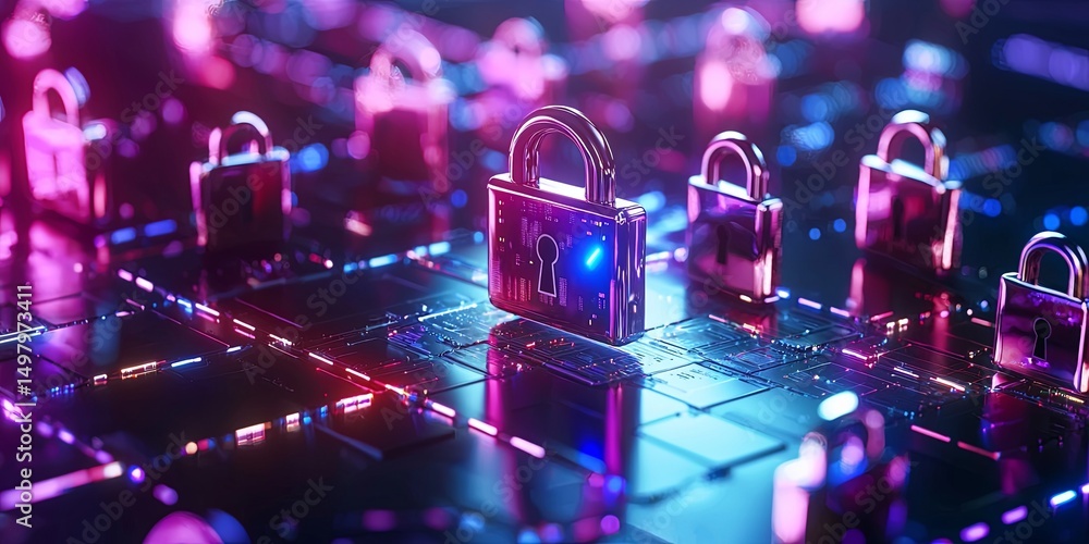 Fototapete data encryption visualized with digital locks and secure servers in a neutral office environment, emphasizing safe browsing and internet security