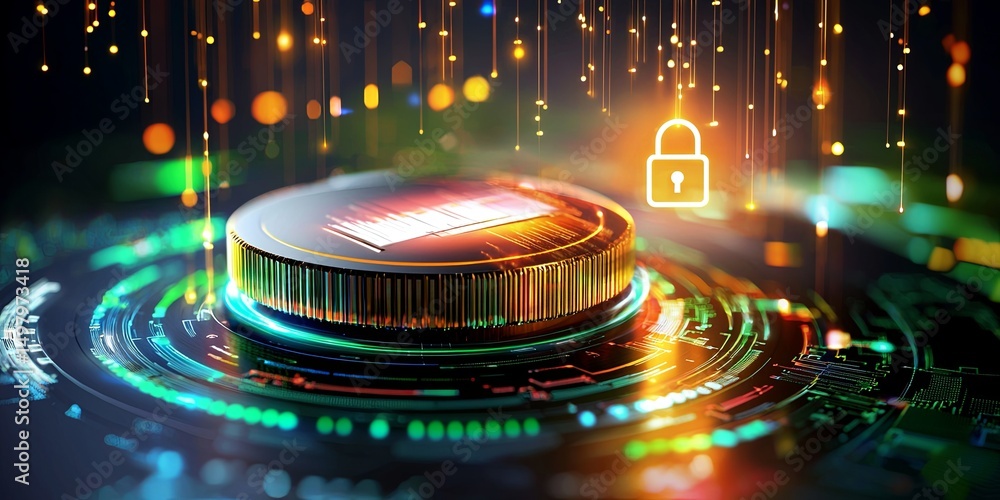 Poster digital signature glowing on a secure digital platform with padlock symbol and data integrity icons, neutral background