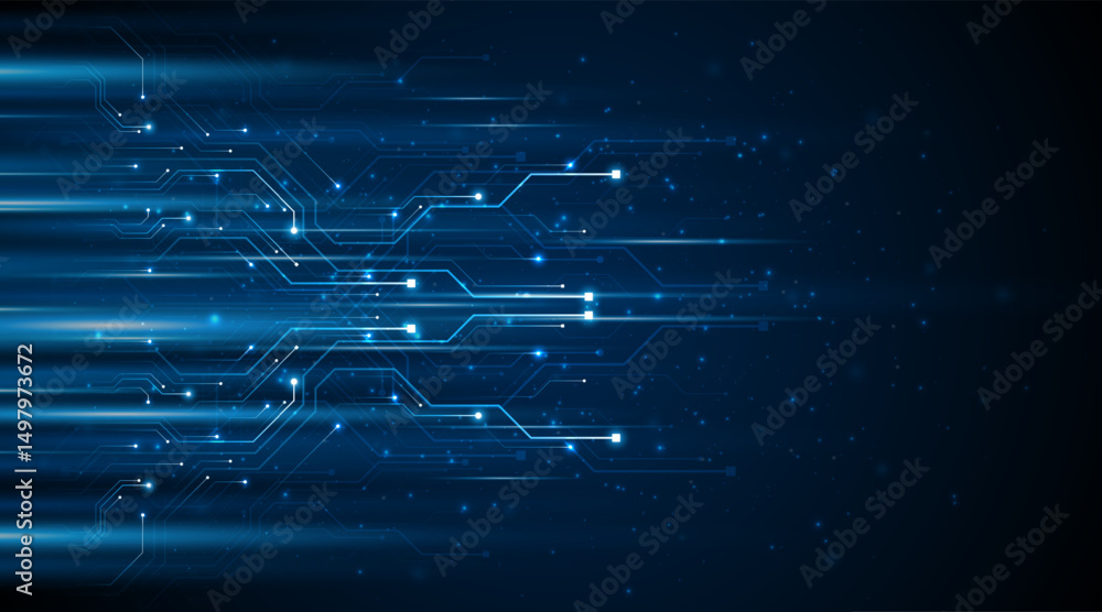 Aufkleber blue glowing lines with glitter light effect on dark background. high speed internet technology conc
