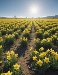 Vast field of daffodils bathed in sunlight, clear blue sky above , sky, landscape, light