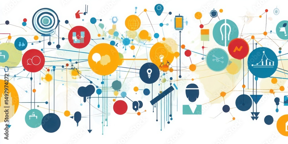 Poster dynamic art visualizing corporate insights through interconnected, flowing data patterns.
