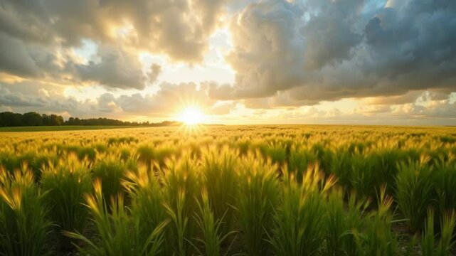 Golden wheat field under dramatic clouds at sunset  