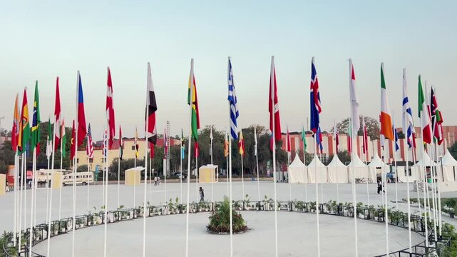Global Unity, UNO Conference Featuring All Country Flags, Vibrant International Banners, Diplomatic Summit, Worldwide Nations, Cultural Diversity and Global Cooperation 2025  Clip 43