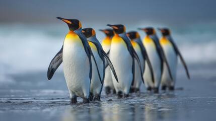 Obraz premium A group of six penguins walks gracefully along the wet sand by the ocean. The early morning light casts a gentle glow, highlighting their vibrant colors and features