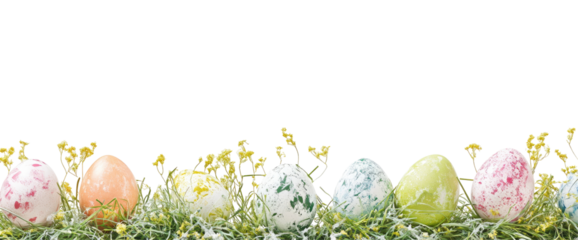 Pastel-colored Easter eggs nestled in vibrant green grass, adorned with delicate yellow flowers, creating a festive spring scene