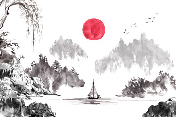 Watercolor and ink painting of a calm mountain scene with a red sun