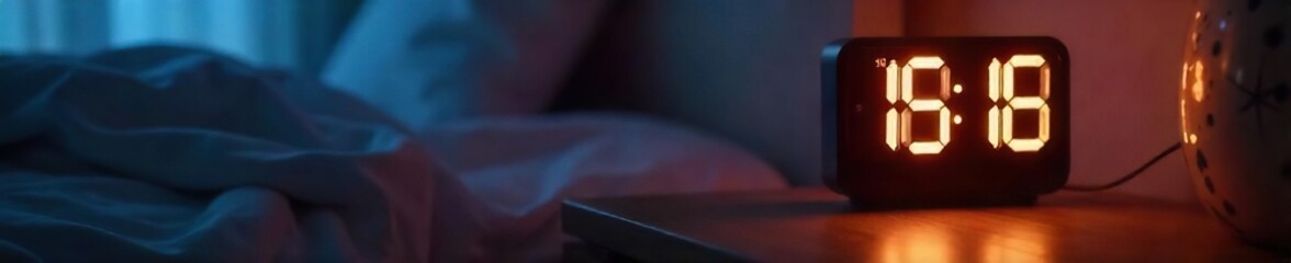 A sleek, modern digital clock displays the time softly, perfect for a bedside table  Its gentle glow illuminates the dark room, ideal for a peaceful sleep environment , stylish, elegant