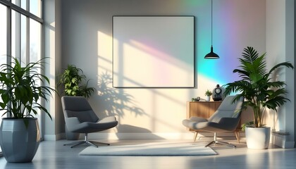 Contemporary office space with a white canvas wall, ergonomic furniture, industrial elements, and vibrant green plants..