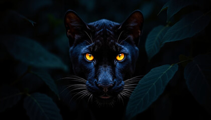 Black panther's glowing eyes close-up