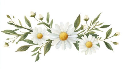 Delicate floral arrangement with white daisies and green leaves.