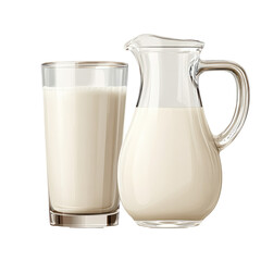 A clear glass of milk and a glass pitcher filled with milk on a plain black background studio shot