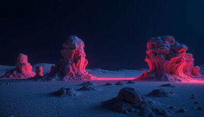Rock Formations in Futuristic Style with Vibrant Red Colors Representing a Surreal Landscape Against a Dark Background