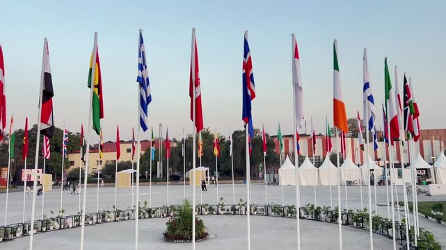 Global Unity, UNO Conference Featuring All Country Flags, Vibrant International Banners, Diplomatic Summit, Worldwide Nations, Cultural Diversity and Global Cooperation 2025  Clip 44