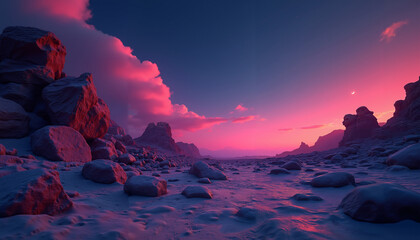A neon landscape with a surreal mood, glowing against a pink sky and rocky terrain