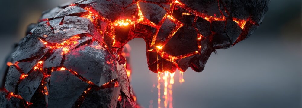 Shattered figure reveals emotional turmoil through fiery cracks and intense energy