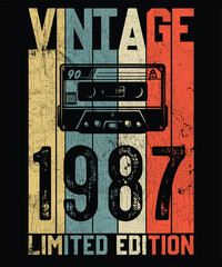 Vintage 1987 Limited Edition Retro T Shirt Design, Vector, Black Background