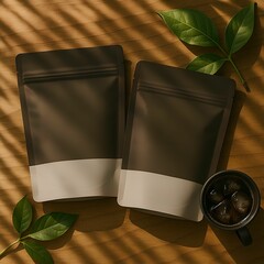 Coffee Packaging with Cup and Coffee Beans on Wooden Table