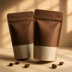 Coffee Packaging Mockup with Zipper Pouch and Coffee Cup on Wooden Table with Natural Light