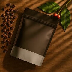Coffee Packaging with Cup and Coffee Beans on Wooden Table