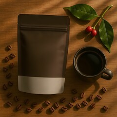Coffee Packaging with Cup and Coffee Beans on Wooden Table